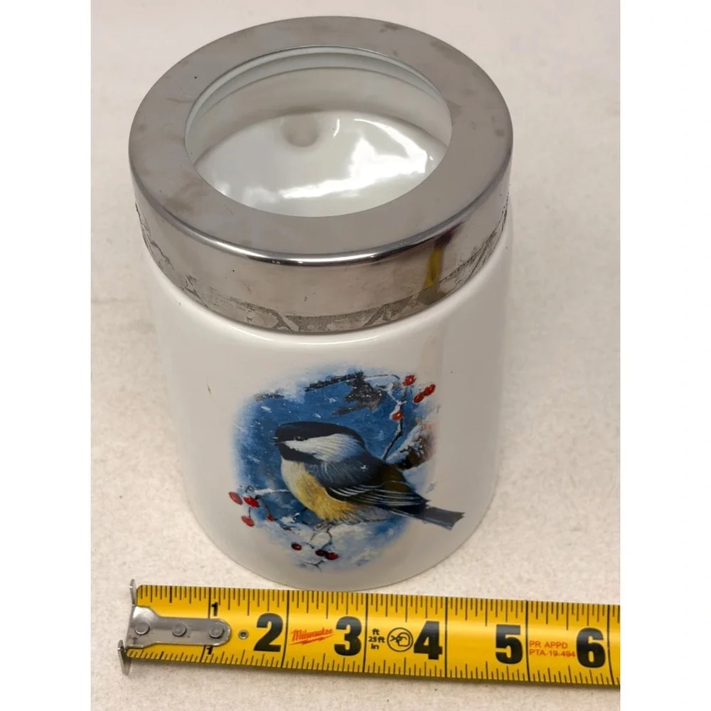 Ellien's Chickadee Bird Ceramic Handled Canister Mug Chrome Lid Winter Berries